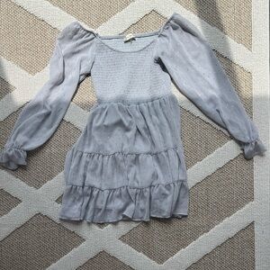 Altar'd State Gray Ruffled Tiered dress with Puffy Sleeves and metallic accents